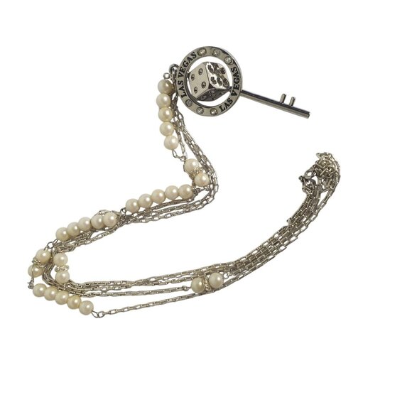 Las Vegas Key Dice Necklace 17" Silver Tone Faux Pearl Rhinestone Accents - Picture 3 of 5